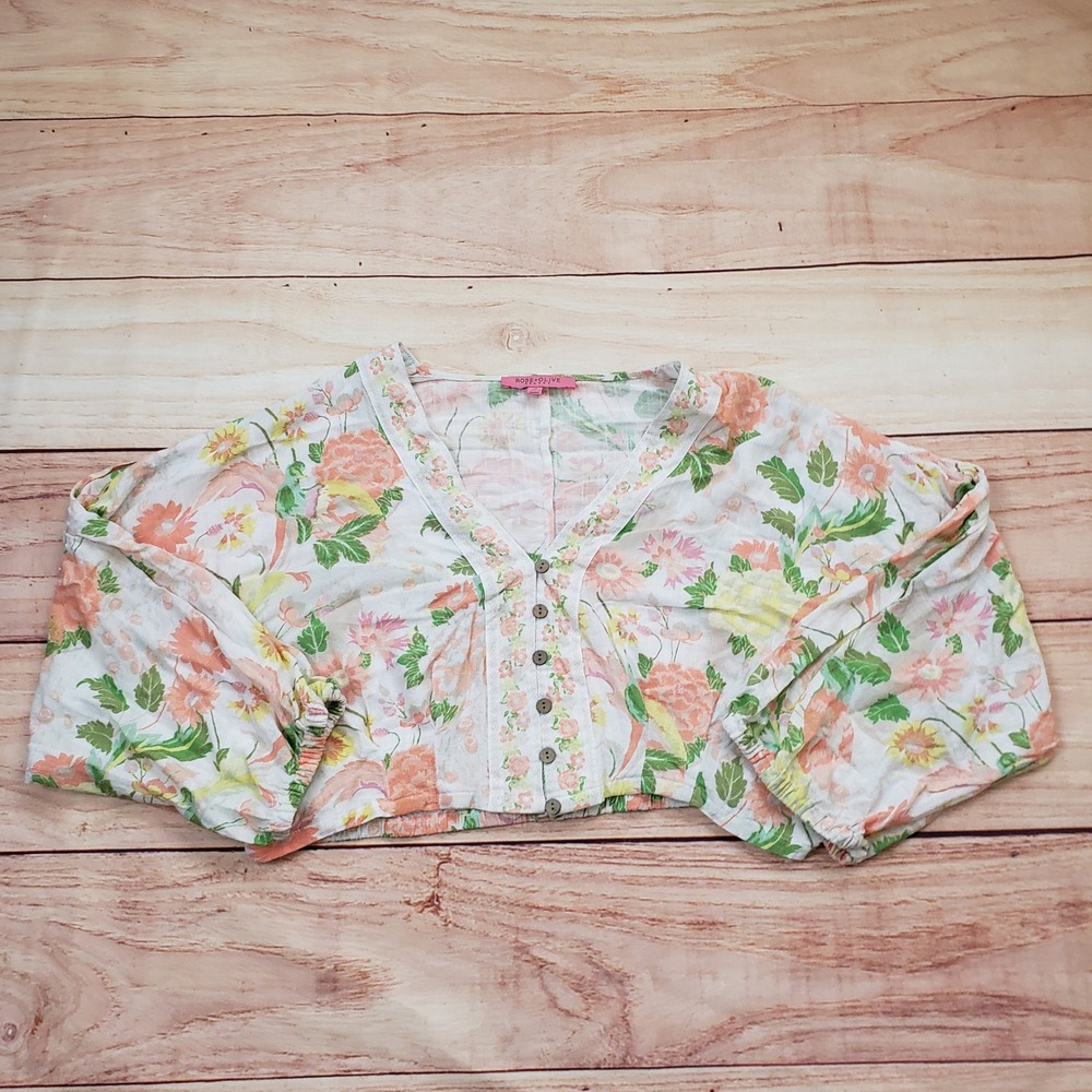Rose + Olive Resort Blouse Womens XS White Floral Linen‎ Cropped V-Neck Dolman